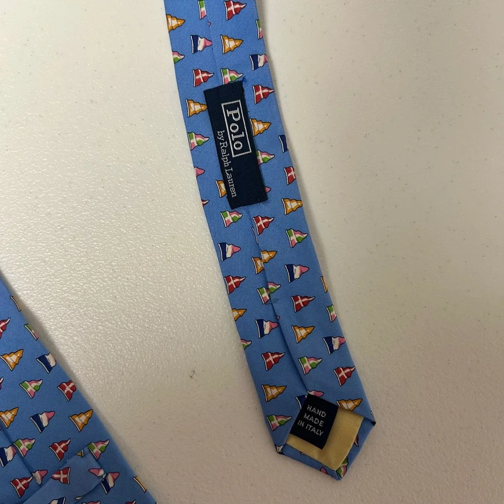 Polo Ralph Lauren Necktie Mens Light Blue Nautical Pennant Flag Silk Italy 57